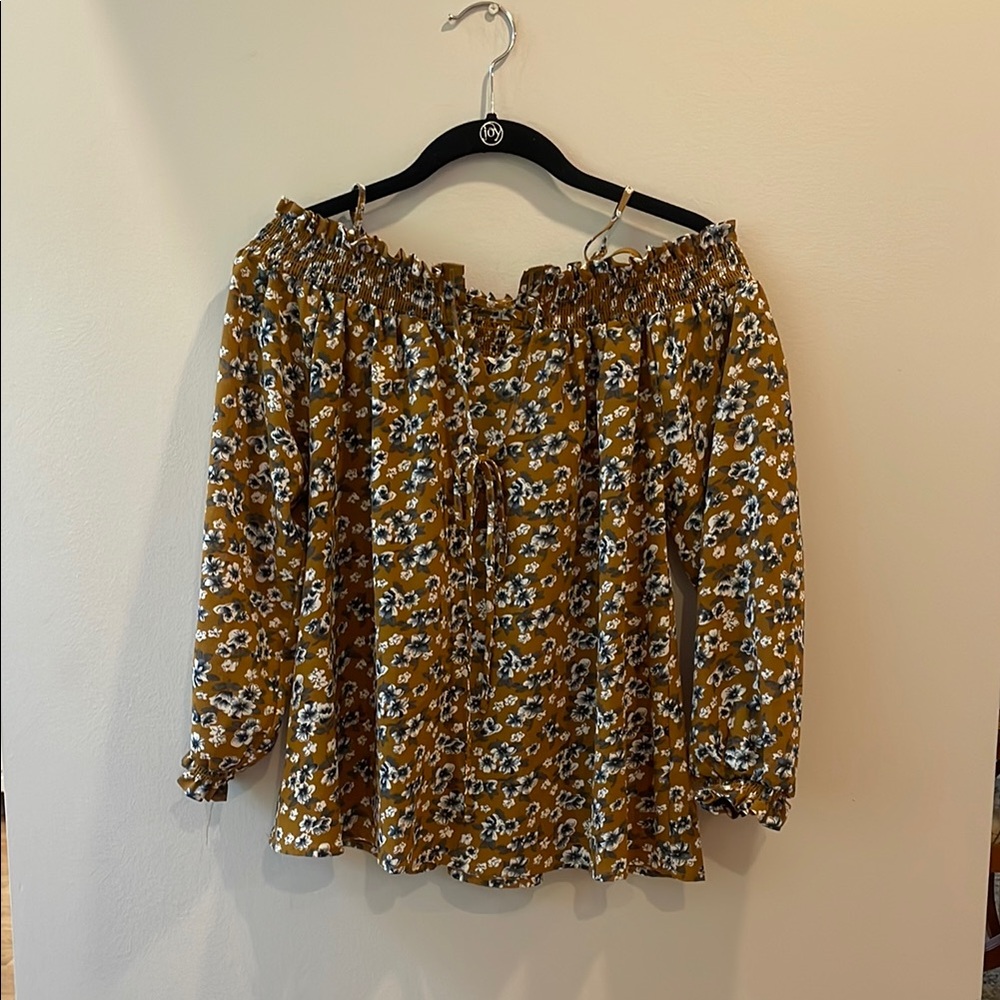 Floral Mustard Cold-Shoulder Top